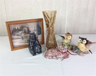 Assorted Housewares
Includes (1) large amber colored vase - no markings, (1) layered painting, (1) resin bear from Nuvuk, CAN, (1) ceramic cat, and (2) porcelain owls - no markings. 