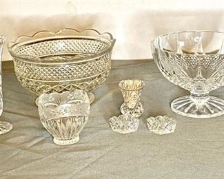 Cut Glass & More
(1) large cut glass bowl - 10" round; (1) toothpick holder - H3"; (1) vase - 10"; (2) salt dips; (1) small glass bowl; and (1) possibly crystal bowl - W8 1/2"