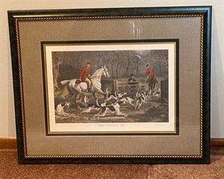 Throwing In" Art Piece
English hunting framed art. With green frame and gold rope accents. Measures H25" x W31"