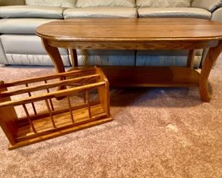 Wooden Magazine Rack & Coffee Table
Magazine rack with (2) slots - H11" x W19 1/2" x D9". Wood coffee table with lower shelf - H17" x W47" x D17". In great condition.