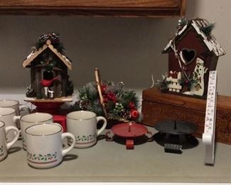 Christmas Decor and More
(2) Bird houses, (3) candle holders, over the door wreath holder, floral basket, (6) Christmas themed mugs (no brand found). Wood recipe box