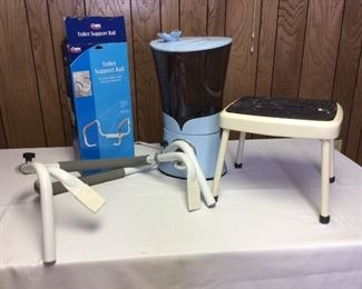 Carex Toilet Support Rail & Air Innovations Humidifier
(1) Toilet support rail; (1) Air Innovations Humidifier - used condition, powers on; (1) small Cosco metal step stool, H10".