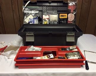 Rubbermaid Toolbox with Various Tools and Accessories
Gray toolbox with various screwdrivers, loose screws, wrenches, a riveter and various accessories. Sold as is. See photos. Toolbox measures H11 1/2" x W23 1/2" x D11"
