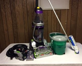 Bissell Pet Pro Carpet Cleaner, Woolite Scrubber & Mop Bucket
Bissell Pet Pro Revolution carpet cleaner - appears brand new, comes with attachments and hoses; Woolite scrubber and green mop bucket