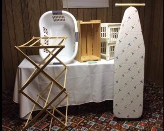 Laundry Necessities
Ironing board in good condition; laundry basket; (2) plastic bins - need cleaning; wooden drying rack - H30" x W44" x D15"; wooden apple crate - H21" x W11" x D11 1/2".