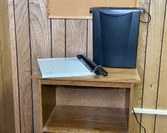 Office Items
Office cart, shredder, bulletin board and paper cutter. Cart measures H36" x W23 1/2" x D15 1/2" and is on wheels; Shredder is an Aurora Model A55055 - powers on; 12" paper cutter by Boston, #26912; Cork bulletin board, H16" x D24".