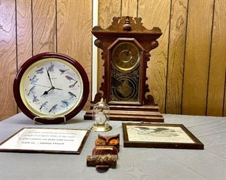 Clocks & More
E. Graham + Co. mantle clock with pendulum key, H21" x W16" x D5" - homeowner believed it may be need repairing; Waltham pocket watch hanging in glass dome display, H5" x W4 1/2", and more!