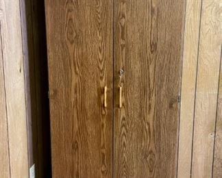 Storage Cabinet & Desk
Laminate storage cabinet with keys - H71 1/2" x W29" x D16 1/2"; Laminate wood desk with (5) drawers, H29" x W60" x D30", lots of wear on the desk. Includes carpet protector.