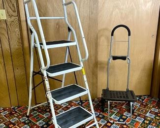 Step Stool & Luggage Cart
Step stool with rubber grip stairs and handrail, H62" x W18" x D32"; Luggage/box cart, H43" x W16" x D19".
