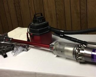 Dyson, Shop Vac and Dirt Devil Vacuums
Dyson cordless vacuum with tool carrying bag and charger, which must be removed from wall - Model E6T-US-MGJ1925A; Shop Vac Model 500X; Dirt Devil - Model 500. All power on