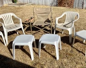 Outdoor Furniture
(2) Plastic arm chairs, H29" x W22" x D17", weathered from outdoor use; (4) plastic tables, H16" x W16"x D16"; Lewis and Clark folding chair with retracting table on the side, H32" x W25" x D19" and Freestyle Folding Rocker.