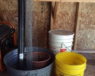 Gardening Accessories
Planters, fencing, metal stakes, new bag of grass seed and buckets.