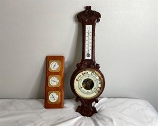 (2) Barometers
(1) Springfield barometer - has thermometer, humidity, and barometer, H16". Small dials are loose and pop out easily. (1) "Stormy Rain Fair Change and Very Dry" Barometer. Mercury reader appears accurate.