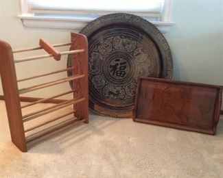 Wooden Shoe Rack, Wooden Tray, and Decorative Brass Asian Zodiac Calendar
Wooden shoe rack with (4) shelves, H 24" x W 19" x D 6"; Brass decorative Asian zodiac calendar, 29" W; Wood tray with poly finish, H 13" x W 21 1/2".