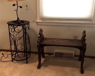 Ornate Sitting Bench, Plant Stand/End Table and Lamp
Black plastic lamp with leaf design, H 21" x D 8", Tan lampshade, Powers on; Black metal plant stand/side table, H 28" x D 14"; Dark wood ornate bench, H 24" x W 29" x D 12".