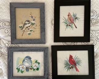 (4) Embroidered Bird Framed Art
(4) Embroidered bird framed art pieces: (2) Cardinals, (1) Bluebird and (1) Sparrow. H 12" x W 8".
