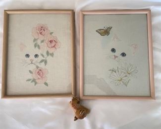 Framed Cat Art and Figurine
(2) Framed Embroidered Cat art pieces, H 14" x W 11". Small ceramic cat made in Mexico.