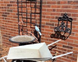 Yard Decoration
Includes a bird bath, H24" x W19"; metal decorative wheelbarrow, H21"; iron trellis, H60", metal flamingo, H35"; and iron hose hanger.