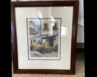 "Auberge de la Fleur" by Barbara Wilson Framed Art
"Auberge de la Fleur" by Barbara Wilson Framed Art. Reproduction. Depicts French bistro. Blue, yellow, white, red. Dark wood frame. H 19" x W 17".