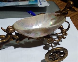 Victorian shell and bronze putti caviar server