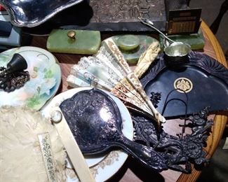 Victorian fans,bronze items, sterling hand mirror, green onyx desk set, limoges, etc