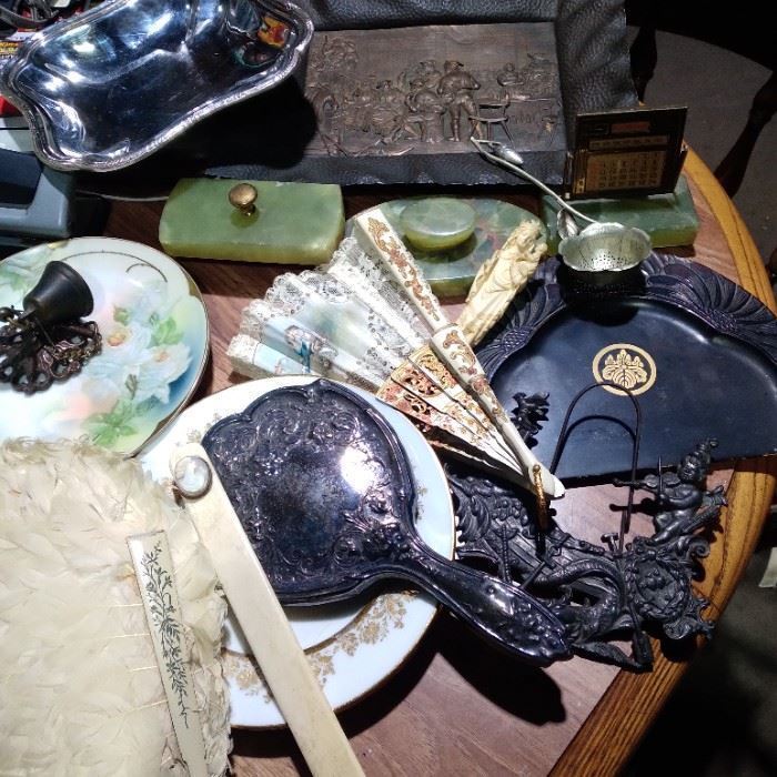 Victorian fans,bronze items, sterling hand mirror, green onyx desk set, limoges, etc