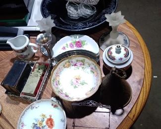 Sterling silver items silver overlay, limoges, old books, soapstone, strrling brush, intaglio salts from checoslovakia