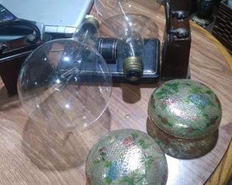 Antique  English bronze matching door stops, plique da jour, antique large light bulbs