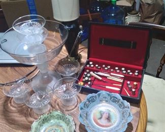 Italian art glass lamp, royal saxe German bowls, eapg dessert set, box of thimbles and sewing items