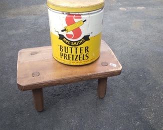 Many vinTage tins and old coblers stool
