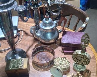 Reed barton 5 light candleabrum, dutch silverplate vase, antique books, silver wine coaster, various dresser items, pewter tea pot