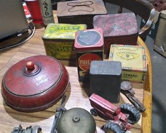 Various tins and old toys,old sewing kit