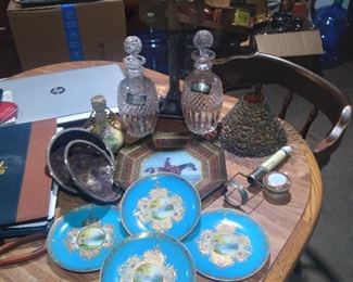 Pair of antique silverplate candlesticks, with cloth beaded shades and filagree gorham silver shades, ( pair only 1 pictured)  this set also has tazza inserts for multi use, nippon, baccarat pair of decanter w sterling liqour tags