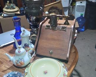 Silverplate trophy lamp,  victorian coal scuttle, various silverplate pieces, porcalin tea set and art deco pottery bowl