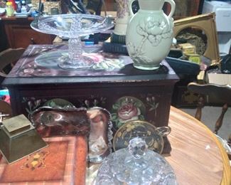 Painted chest, crystal cheese dome, antique brass inkwell, silverplate, redwing, royal Worcester, intaglio glass, inlaid box,eapg glass basket, old books