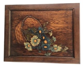 Signed Norma Embossed Wood Basket of Flowers Art
