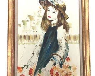 Signed W Schlimme Mixed Media Girl Portrait
