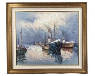 Signed W. Harris Oil on Canvas Docked Ships Art
