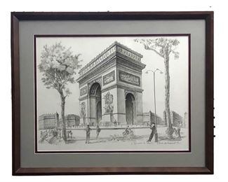 Signed Arc de Triomphe Pencil Drawing
