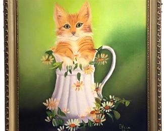 Signed Eileen Vlasak Cat Oil on Canvas

