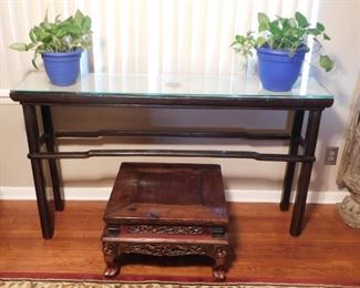 Antique console or sofa table with glass top, 61"x13".  Small antique table with lovely hand carving 23"x23"