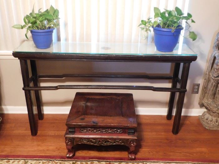 Antique console or sofa table with glass top, 61"x13".  Small antique table with lovely hand carving 23"x23"