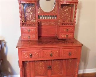 Rare, unique and antique ladies Chinese red dresser (color darker then picture) in great condition.  Camera did not do this one justice.