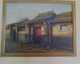 Chinese oil painting of Ming Dynasty house (1368-1644) A superbly detailed painting of an ancient building.