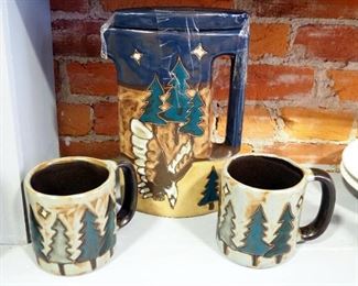 Mara Pottery 11" Lidded Eagle Pitcher With Matching Mugs, Qty 2