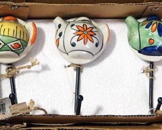 Ceramic Hand Painted Teapot Wall Hooks, Qty 6
