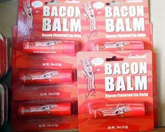 Archie McPhee Bacon Bar Soap, Bacon Flavored Lip Balm, Lip Shit Lip Balm, And Metal Ant Figurines, Contents Of Drawer
