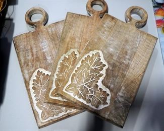 Melrose International Carved Wood Cutting Boards, Qty 3, And Custom Wood Serving Trays With Cast Iron Handles, Qty 2