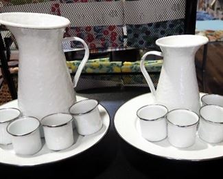 Golden Rabbit White Enamelware 8" And 12" Pitchers, Mini Cups, Qty 8, 13" Footed Cake Plates, Qty 2