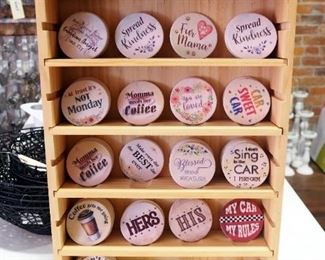 Ganz Absorbent Car Coasters With Printed Phrases, Qty 59, In Wood Display Rack, 23" x 16" x 6.5"